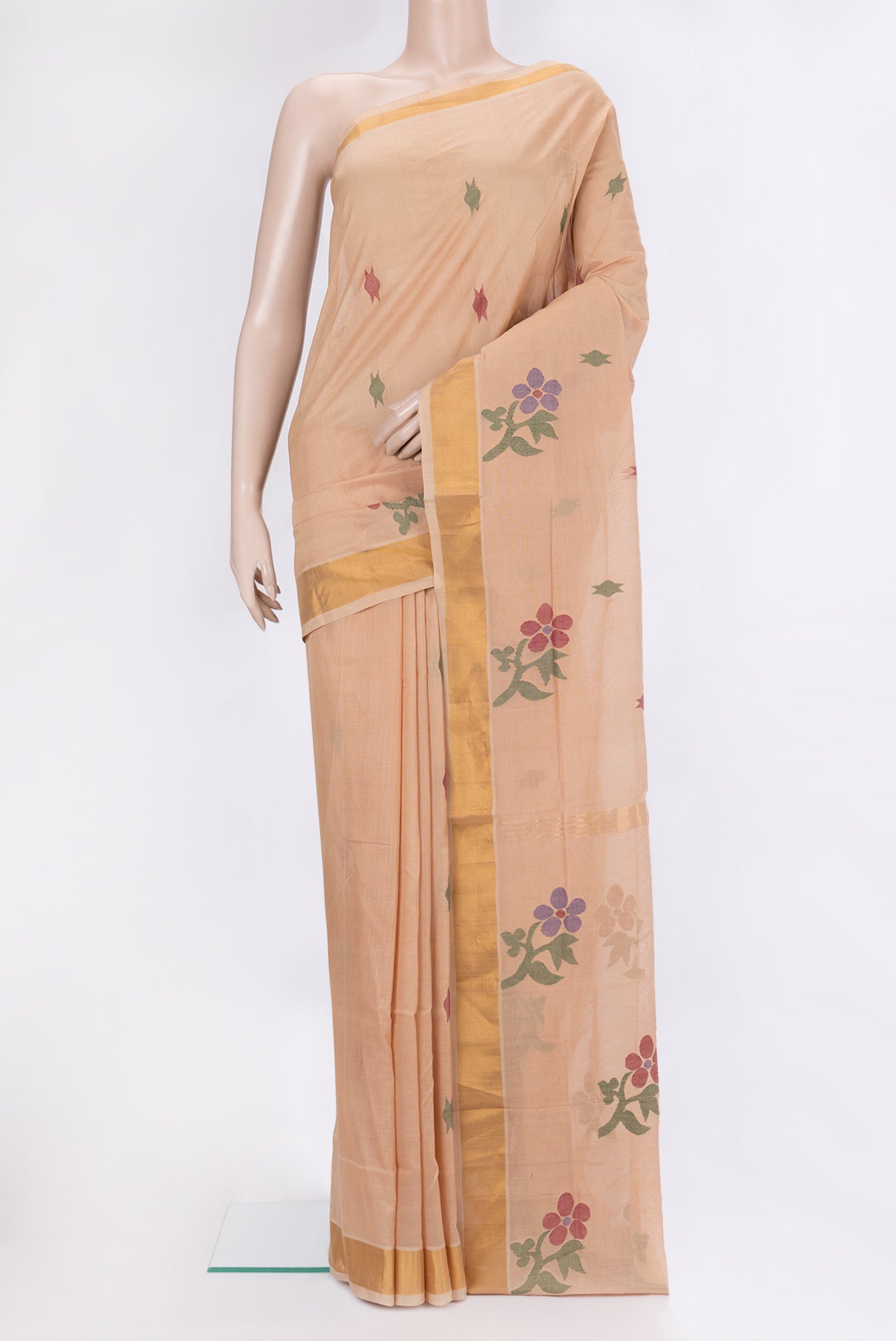 Sandal Dual Tone Uppada Cotton Saree with Zari And Thread Butta on the body and Zari Border.  displayed on a mannequin