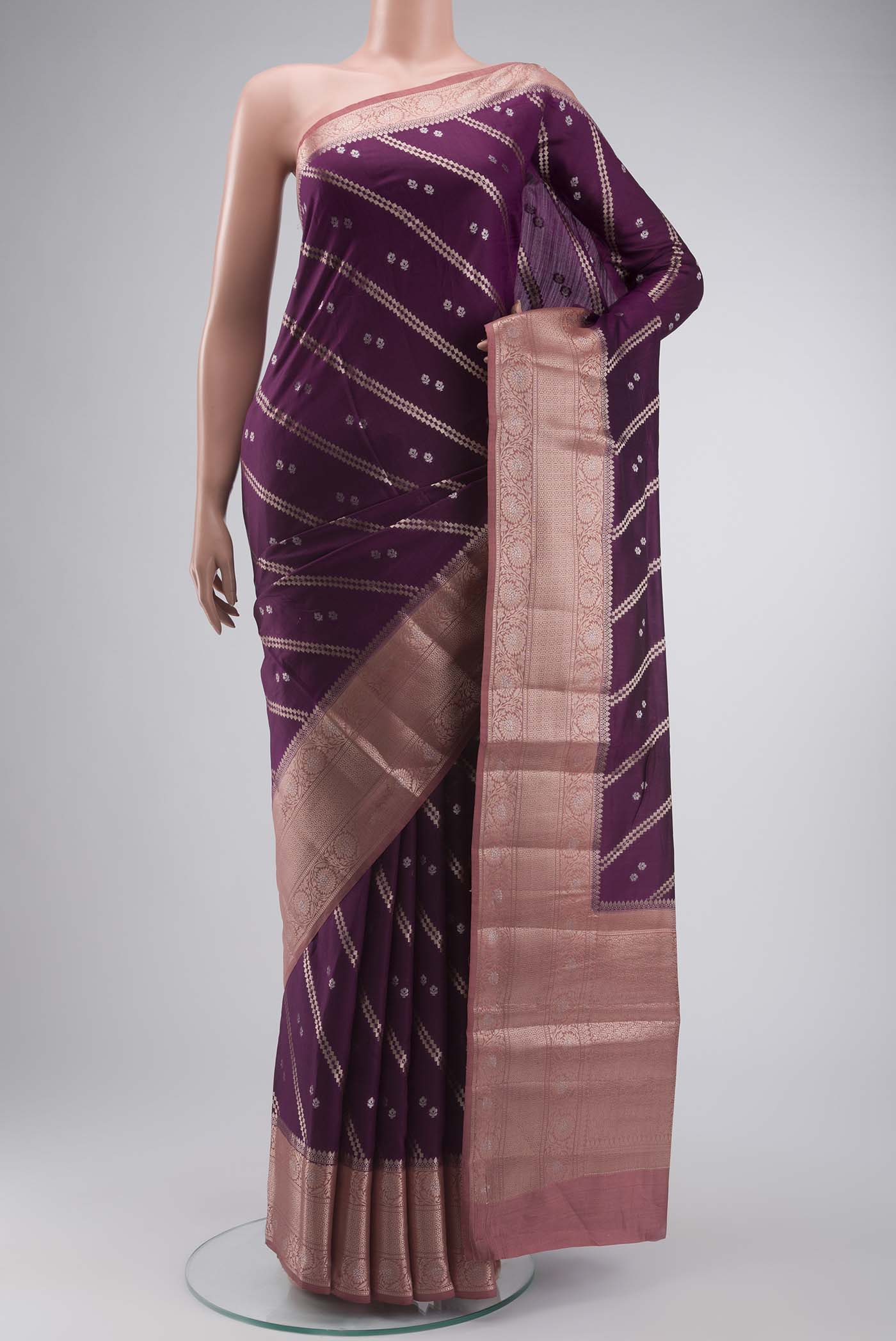 Purple Banarasi Raw Silk Saree with Zari Butta on the body and Zari Border displayed on a mannequin