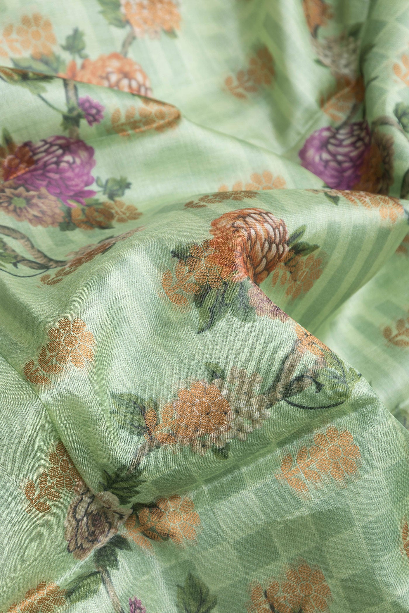 Close up of Pista Green Dual Tone Tussar Silk Saree with Printed design on the body and Thread Border.  displaying folds