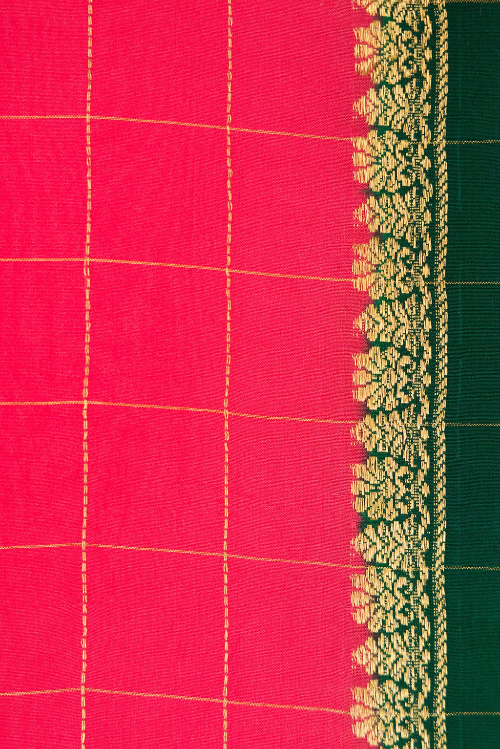 Border image of Pure Silk Pure Zari Dark Pink Dual Tone Mysore Crepe Saree with Plain Body and Zari Border. 