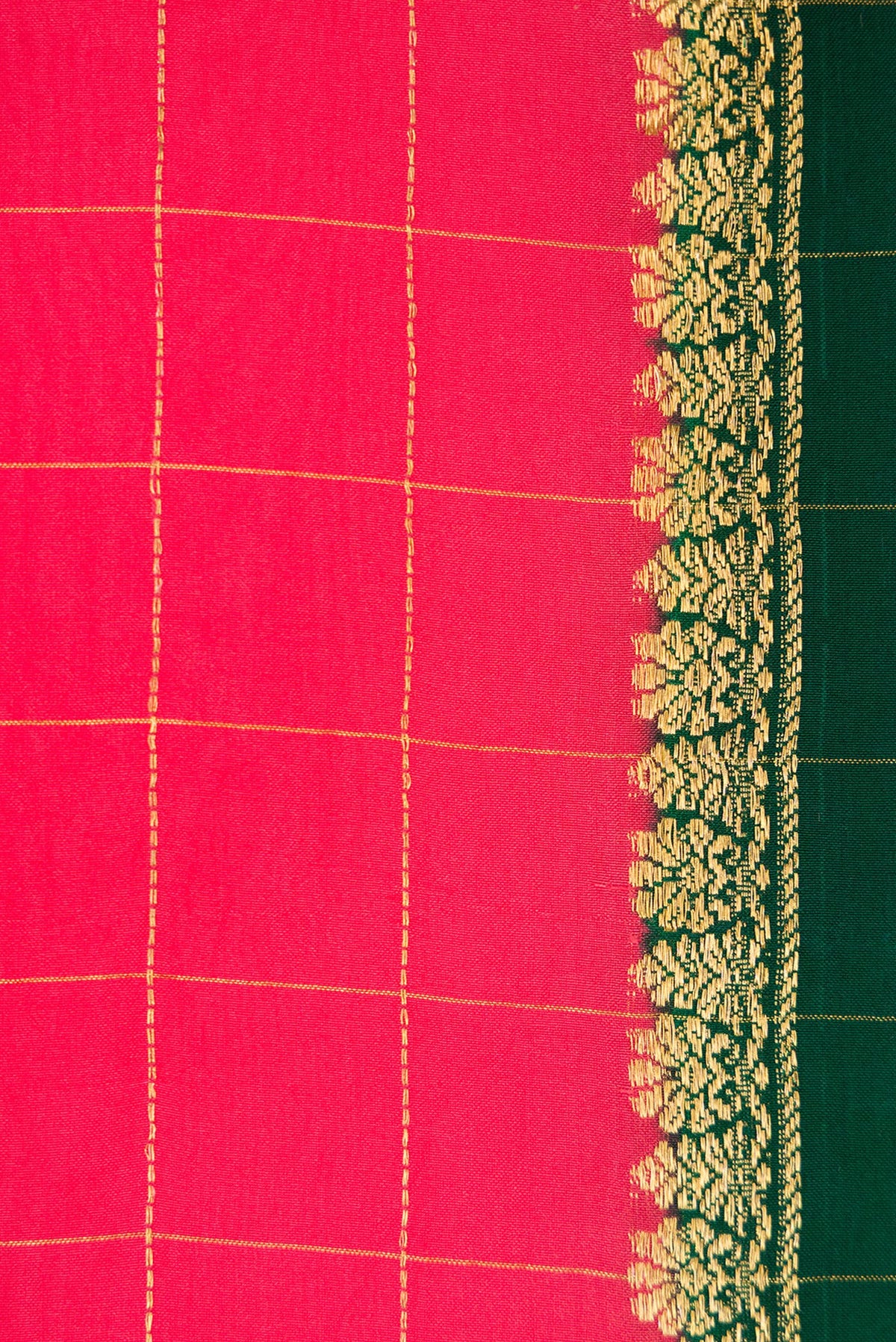Border image of Pure Silk Pure Zari Dark Pink Dual Tone Mysore Crepe Saree with Plain Body and Zari Border. 