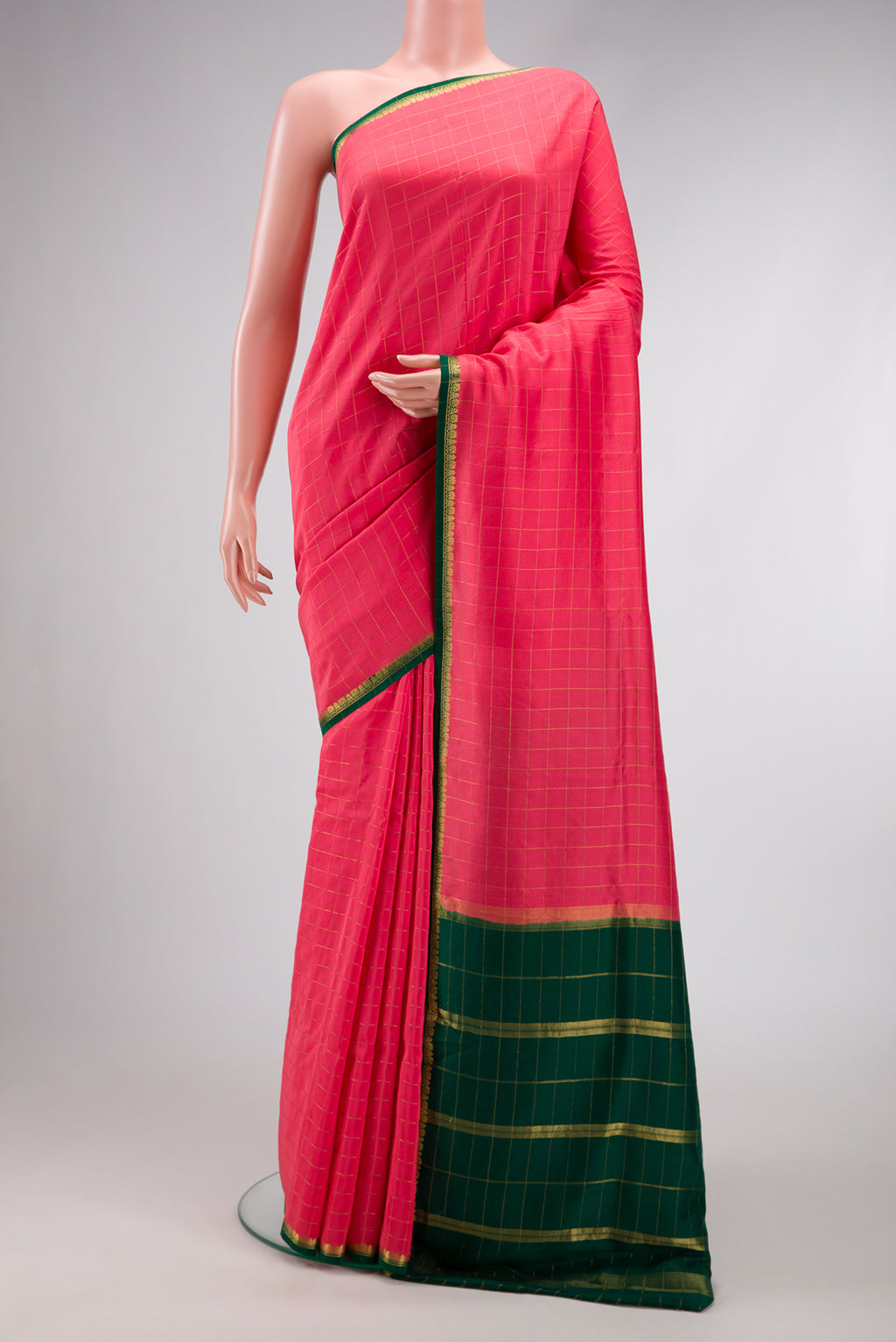 Pure Silk Pure Zari Dark Pink Dual Tone Mysore Crepe Saree with Plain Body and Zari Border.  displayed on a mannequin