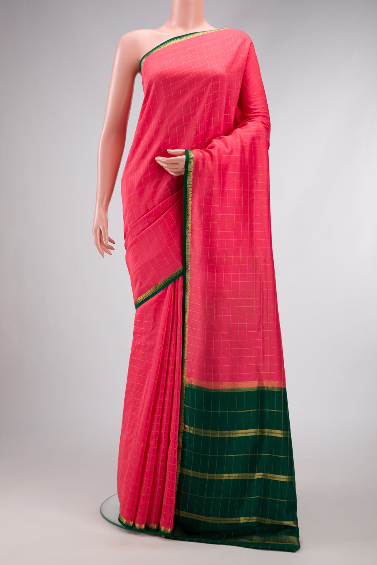 Pure Silk Pure Zari Dark Pink Dual Tone Mysore Crepe Saree with Plain Body and Zari Border.  displayed on a mannequin