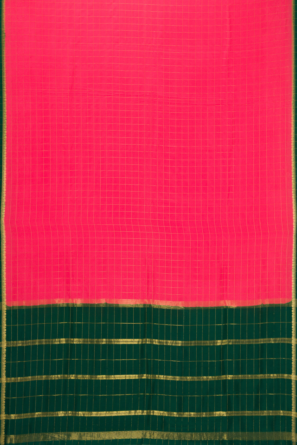 Flat view of Pure Silk Pure Zari Dark Pink Dual Tone Mysore Crepe Saree with Plain Body and Zari Border. 