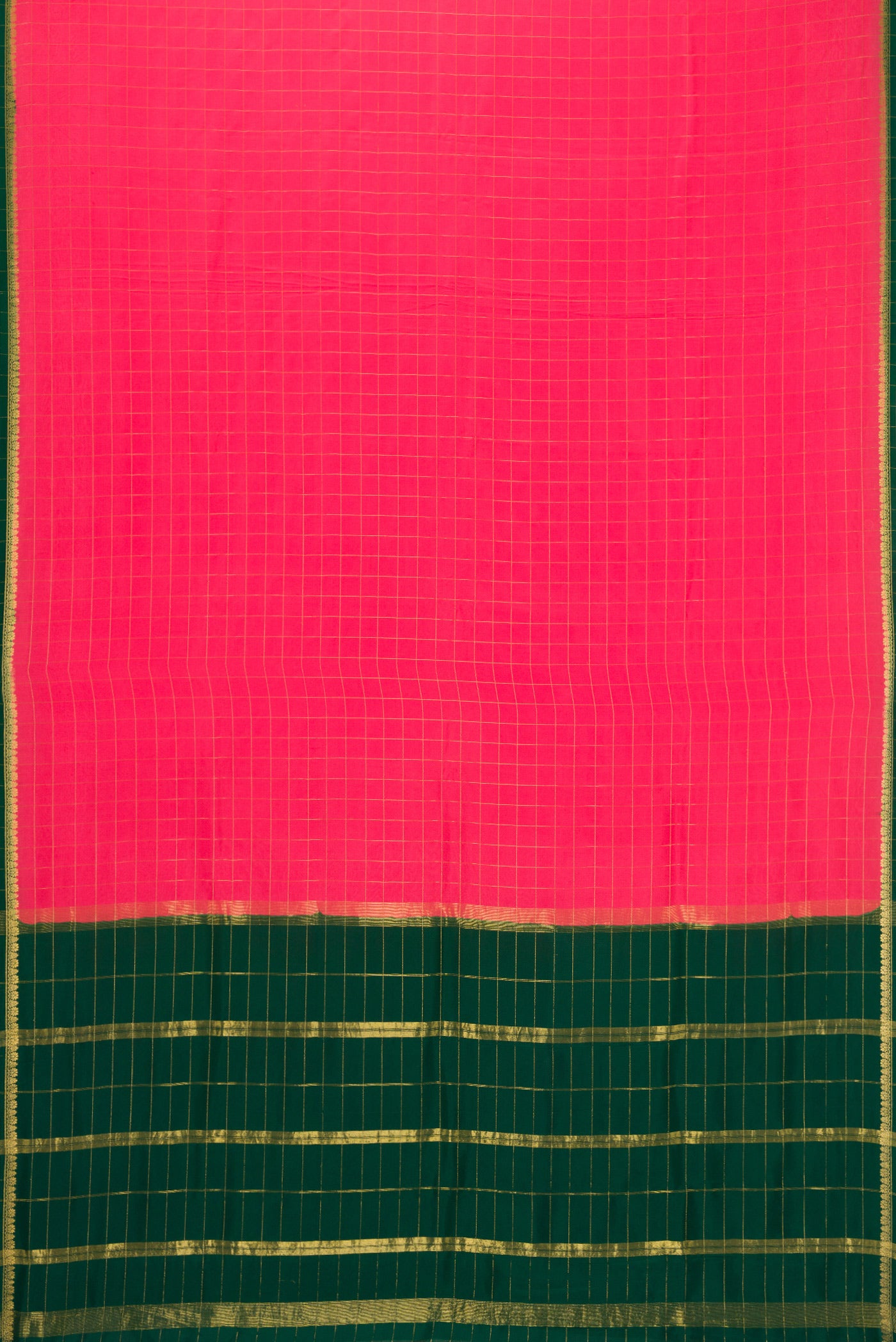 Flat view of Pure Silk Pure Zari Dark Pink Dual Tone Mysore Crepe Saree with Plain Body and Zari Border. 