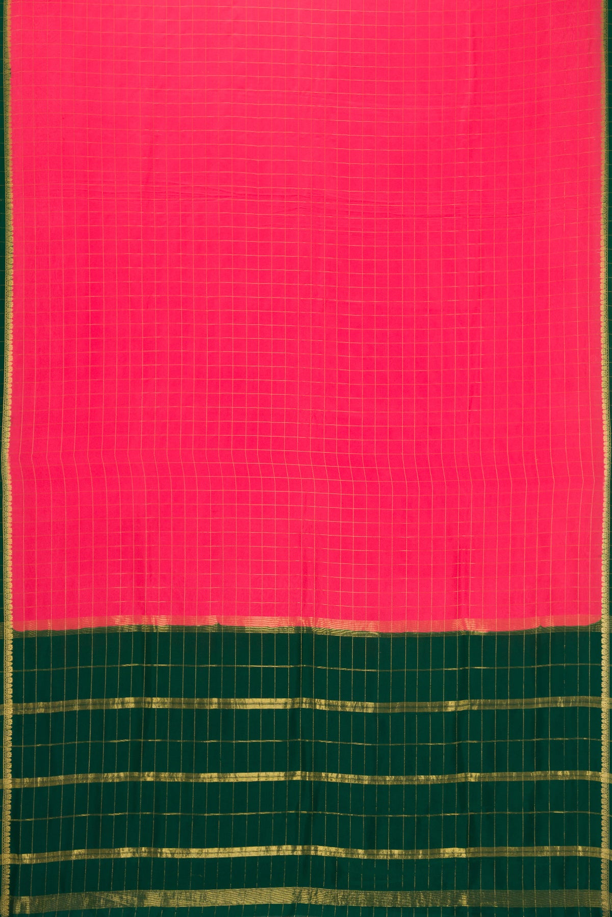 Flat view of Pure Silk Pure Zari Dark Pink Dual Tone Mysore Crepe Saree with Plain Body and Zari Border. 