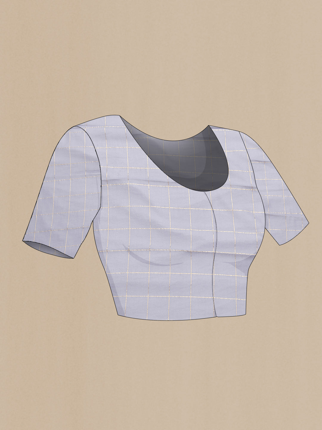 Close up image of the blouse of Grey Dual Tone Georgette Saree with Checked design on the body and Zari Border. 