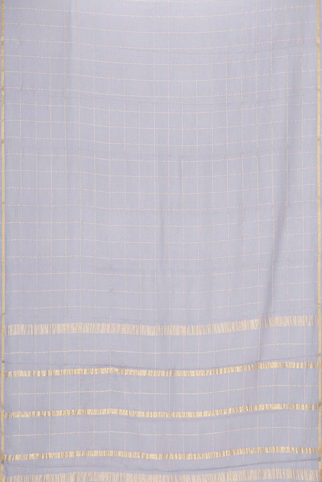 Flat view of Grey Dual Tone Georgette Saree with Checked design on the body and Zari Border. 