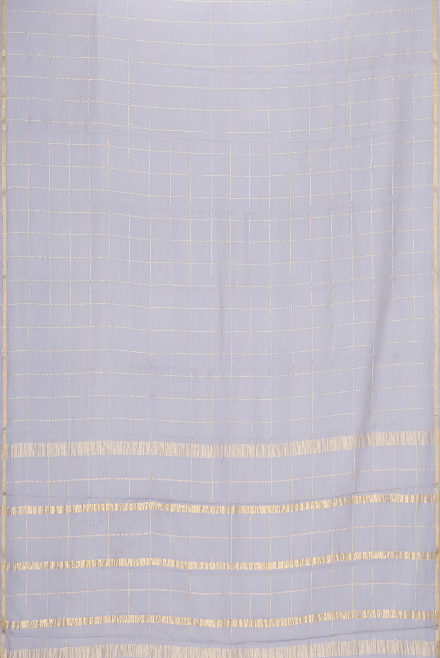 Flat view of Grey Dual Tone Georgette Saree with Checked design on the body and Zari Border. 