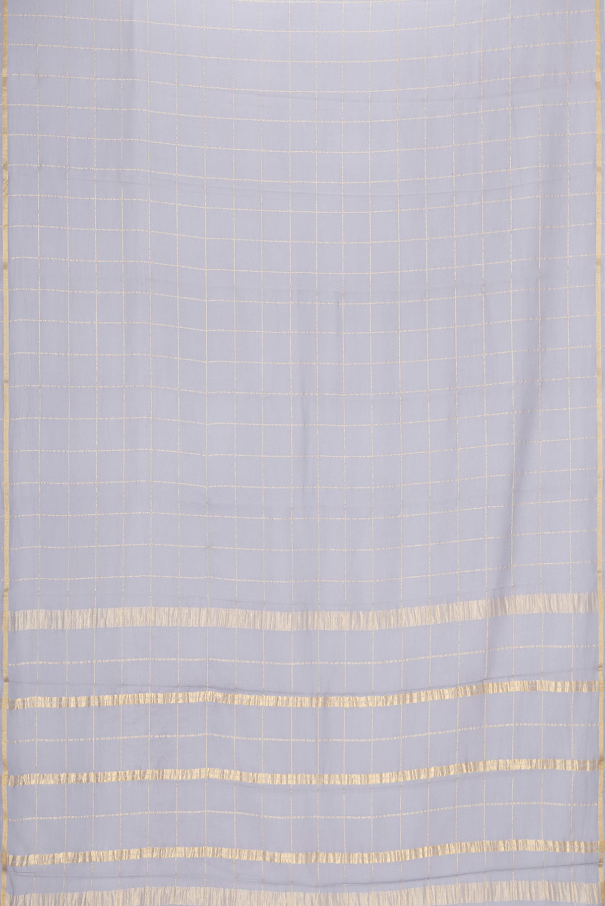 Flat view of Grey Dual Tone Georgette Saree with Checked design on the body and Zari Border. 