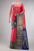 Pink Kanchipuram Silk Saree with Stripes on the body and Zari Border.  displayed on a mannequin