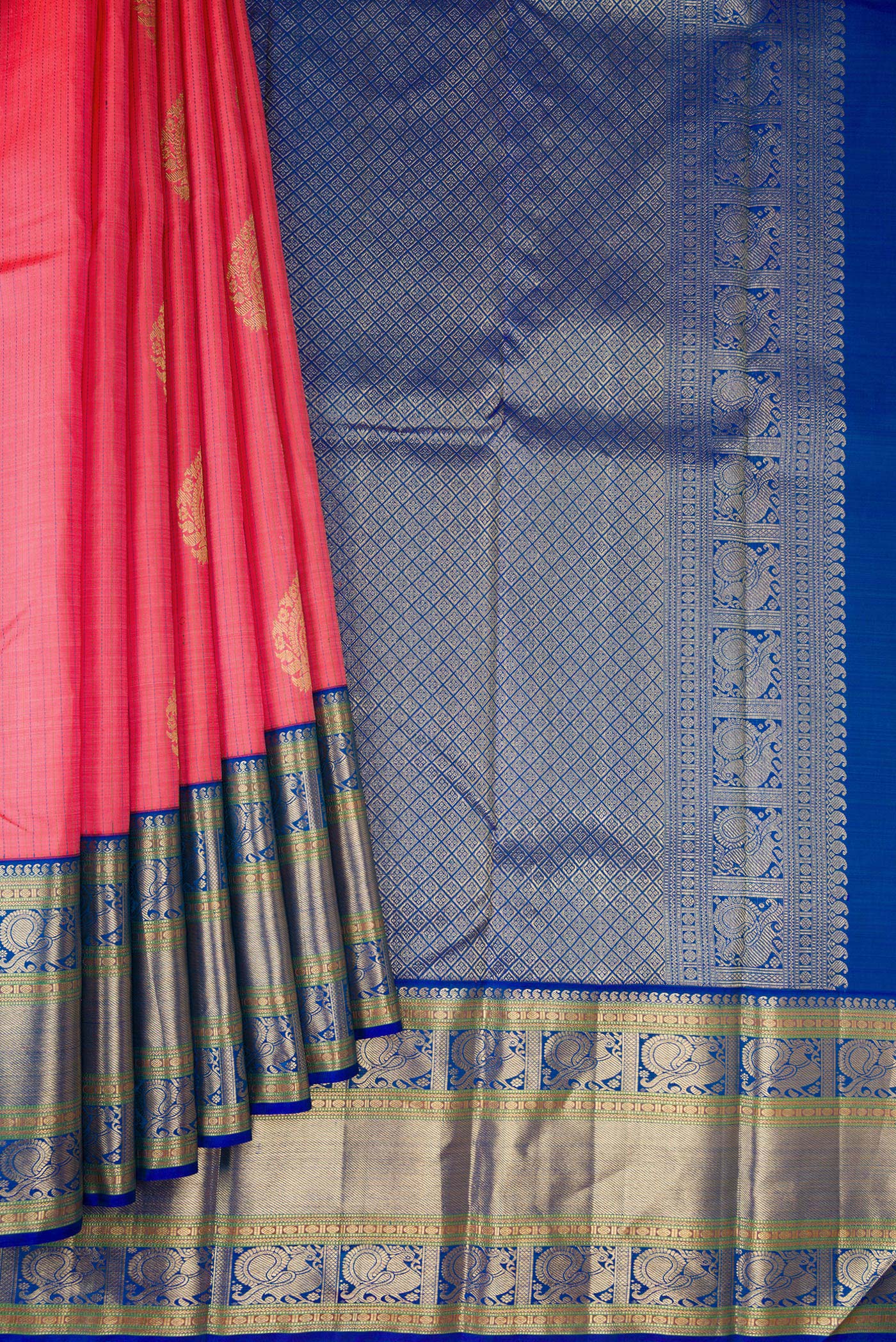 Pleats and pallu of Pink Kanchipuram Silk Saree with Stripes on the body and Zari Border. 