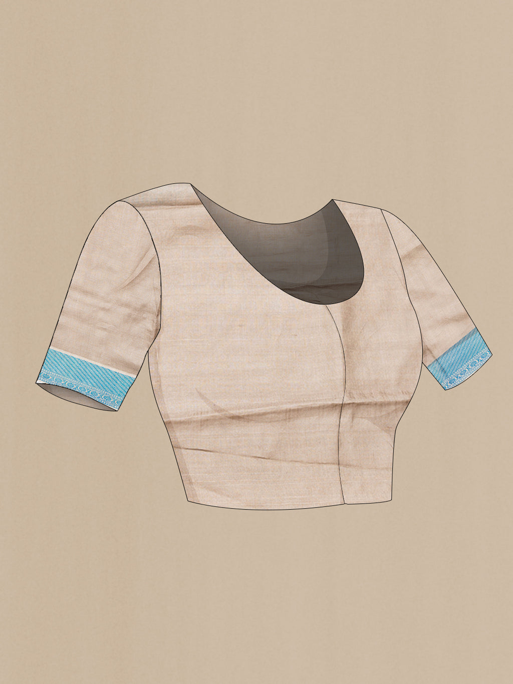 Close up image of the blouse of Beige Dual Tone Tussar Silk Saree with Embroidery on the body and Thread Border. 