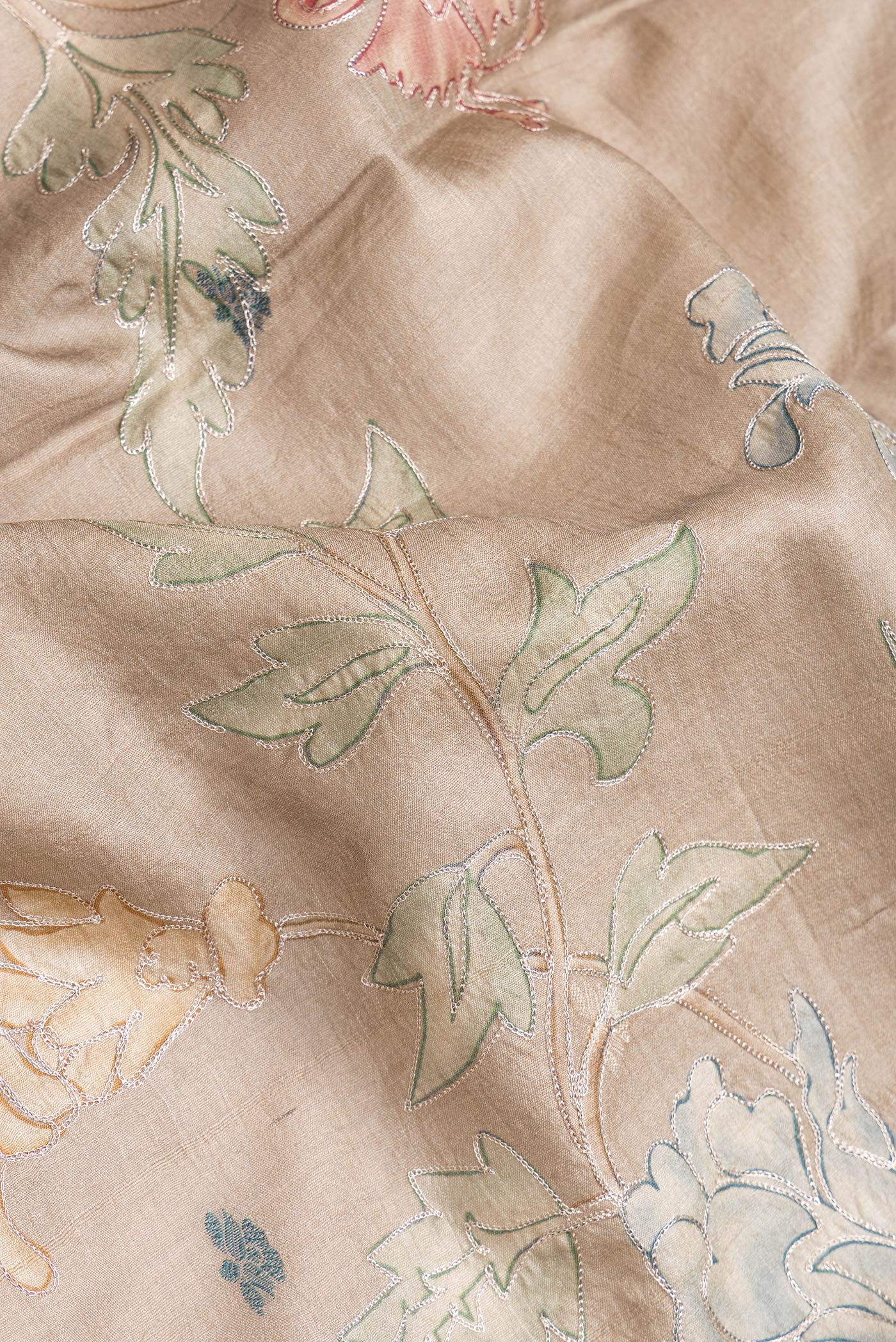 Close up of Beige Dual Tone Tussar Silk Saree with Embroidery on the body and Thread Border.  displaying folds