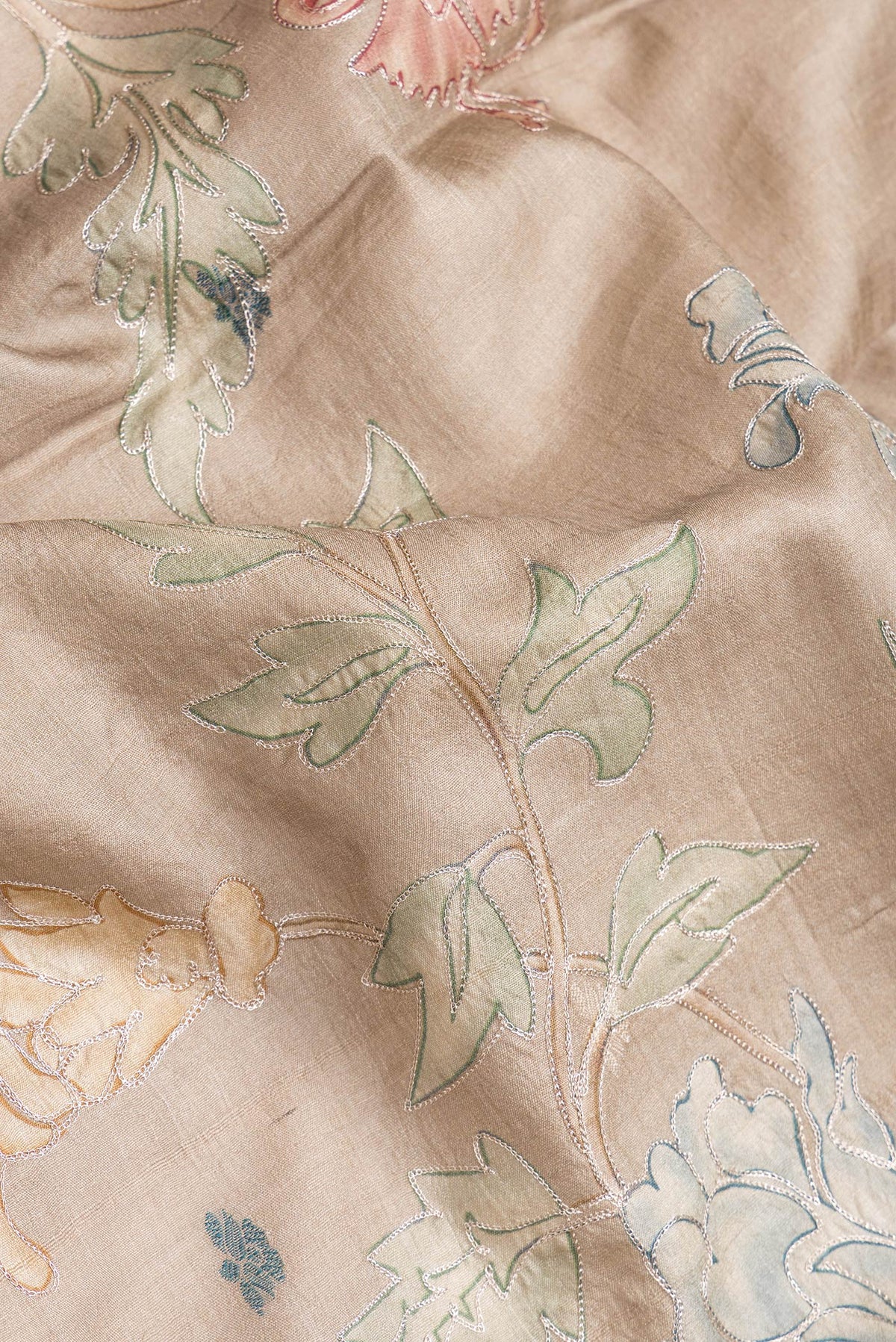 Close up of Beige Dual Tone Tussar Silk Saree with Embroidery on the body and Thread Border.  displaying folds