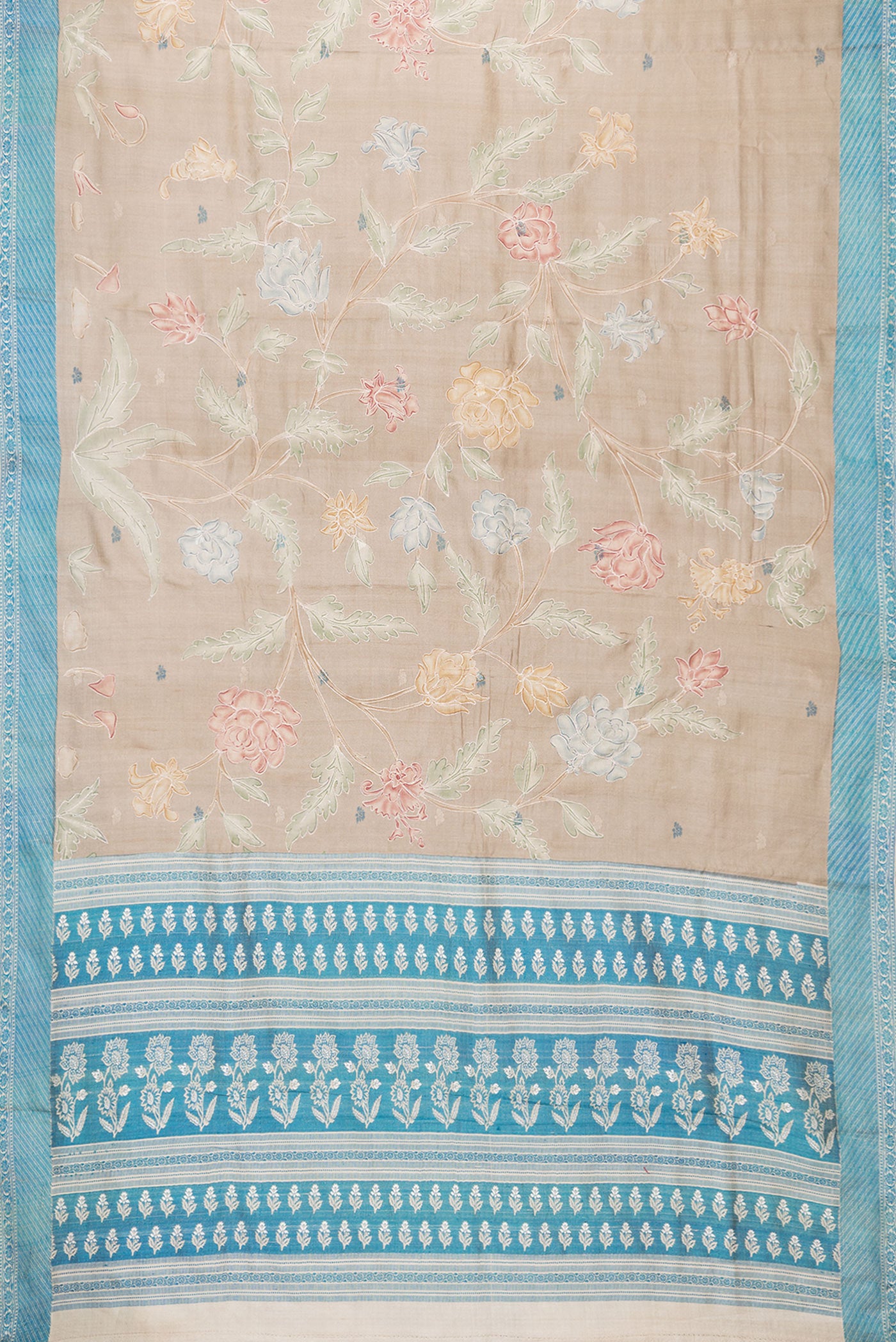 Flat view of Beige Dual Tone Tussar Silk Saree with Embroidery on the body and Thread Border. 