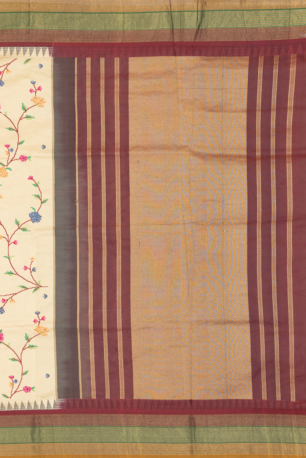 Close up image of the pallu of Beige Dual Tone Kanjivaram Silk Saree with Embroidery on the body and Zari Border. 