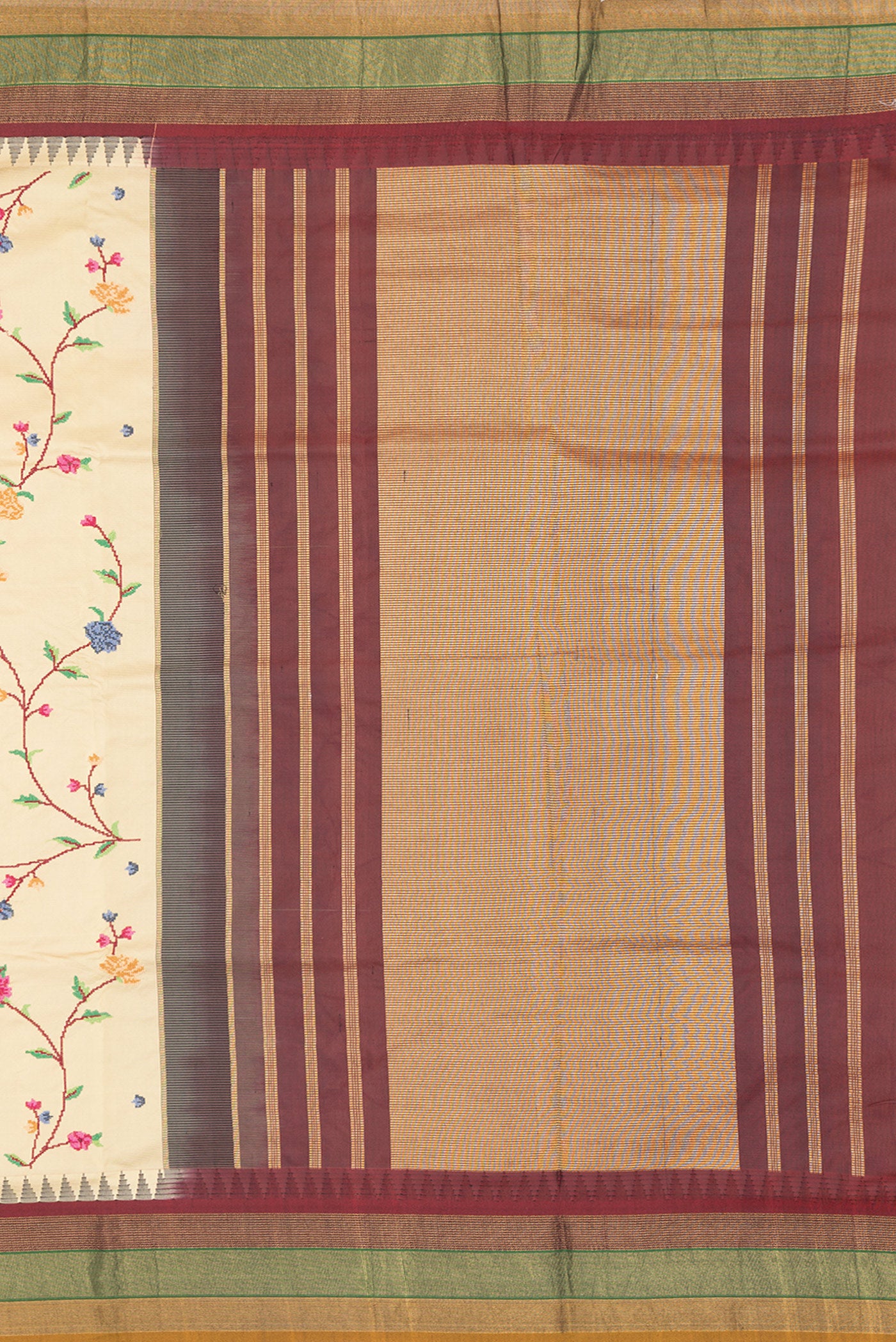Close up image of the pallu of Beige Dual Tone Kanjivaram Silk Saree with Embroidery on the body and Zari Border. 