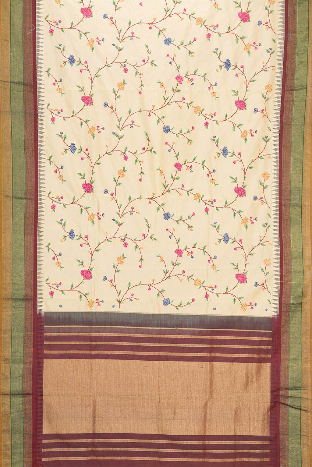 Flat view of Beige Dual Tone Kanjivaram Silk Saree with Embroidery on the body and Zari Border. 