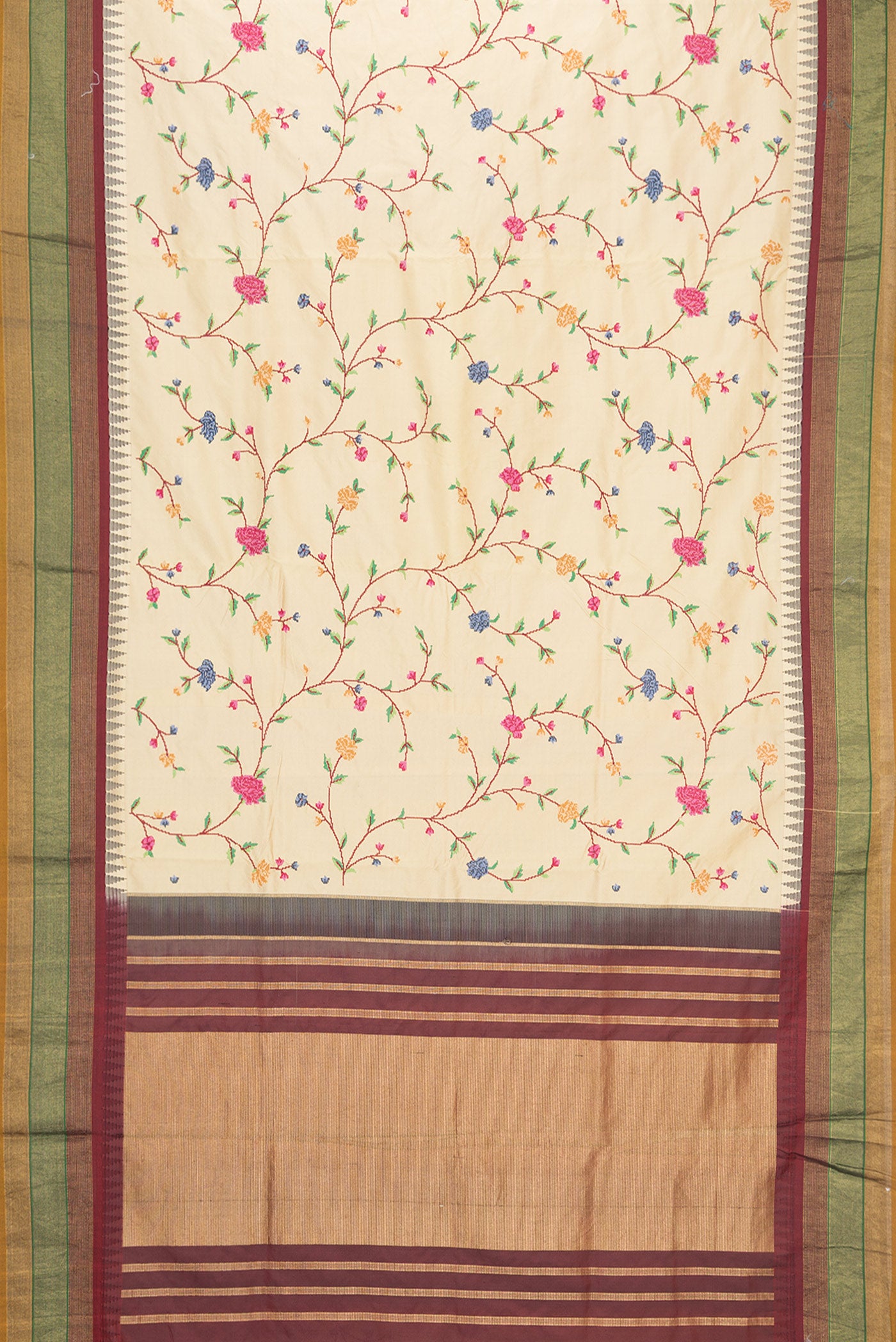 Flat view of Beige Dual Tone Kanjivaram Silk Saree with Embroidery on the body and Zari Border. 