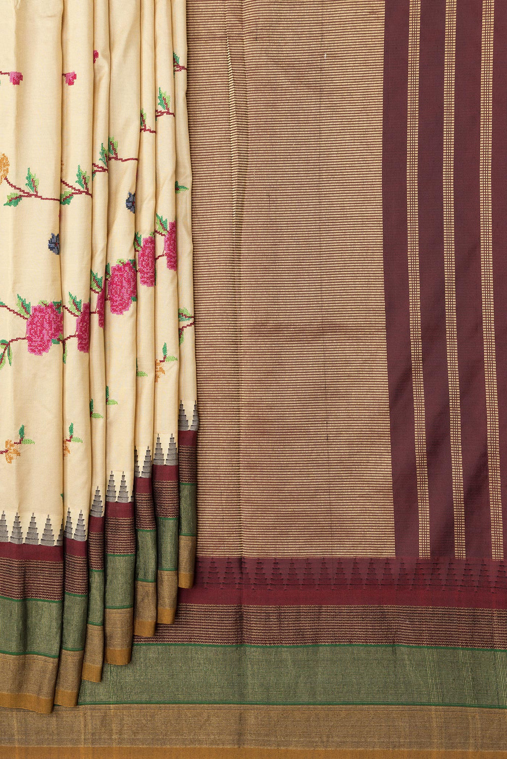 Pleats and pallu of Beige Dual Tone Kanjivaram Silk Saree with Embroidery on the body and Zari Border. 