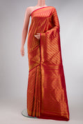 Maroon Dual Tone Kanchipuram Silk Saree with Zari Brocade on the body and Zari Border.  displayed on a mannequin