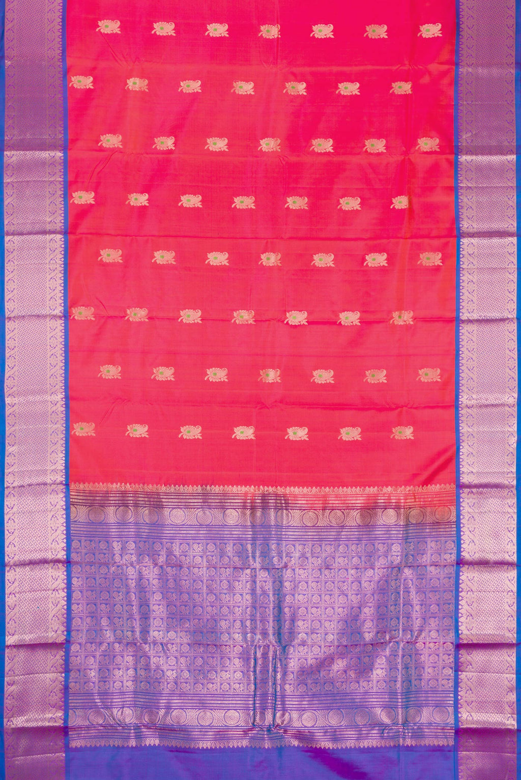 Flat view of Coral Dual Tone Kanjivaram Silk Nine Yards Saree with Zari And Thread Butta on the body and Zari Border. 