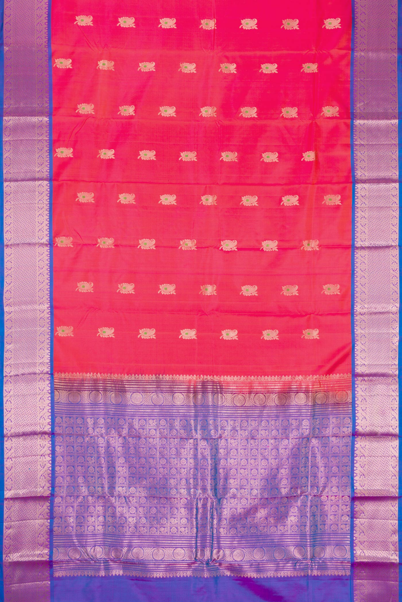 Flat view of Coral Dual Tone Kanjivaram Silk Nine Yards Saree with Zari And Thread Butta on the body and Zari Border. 