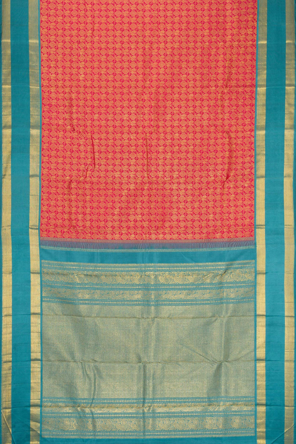 Flat view of Pink Dual Tone Kanchipuram Silk Saree with Zari Brocade on the body and Zari And Thread Border. 