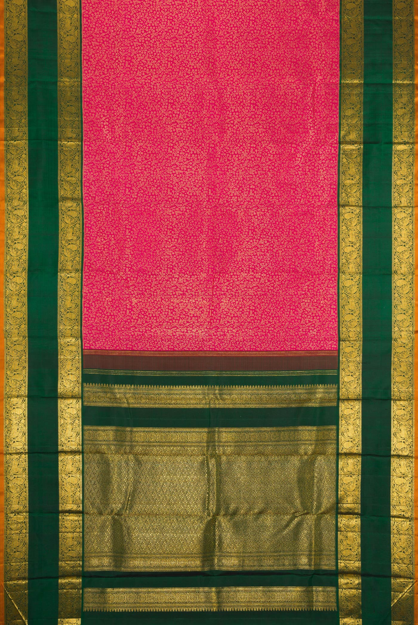 Flat view of Dark Pink Dual Tone Kanchipuram Silk Saree with Zari Brocade on the body and Zari Border. 