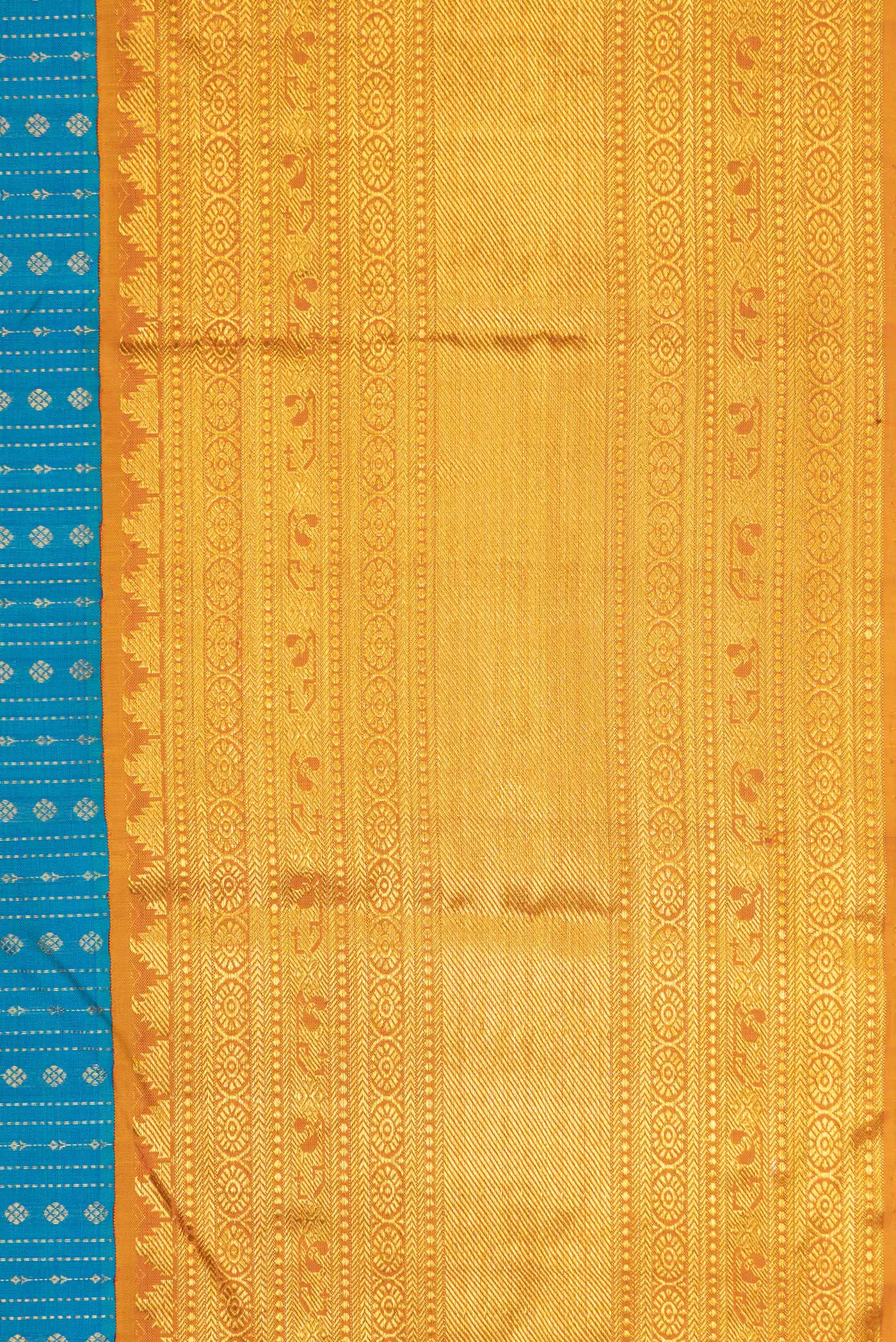 Border image of Peacock Blue Dual Tone Kanchipuram Silk Saree with Stripes on the body and Zari Border. 