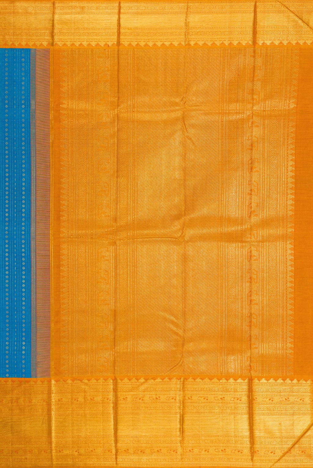 Close up image of the pallu of Peacock Blue Dual Tone Kanchipuram Silk Saree with Stripes on the body and Zari Border. 