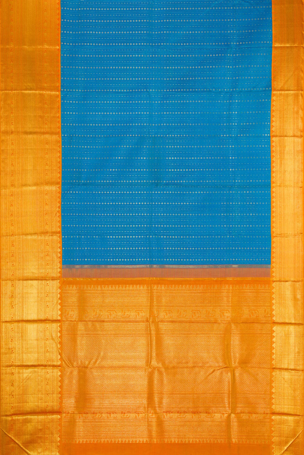 Flat view of Peacock Blue Dual Tone Kanchipuram Silk Saree with Stripes on the body and Zari Border. 