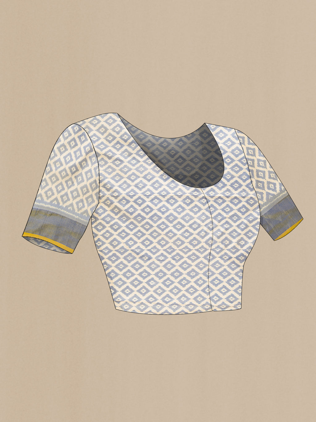 Close up image of the blouse of Grey Dual Tone Double Ikat Saree with Ikat Print on the body and Zari Border. 