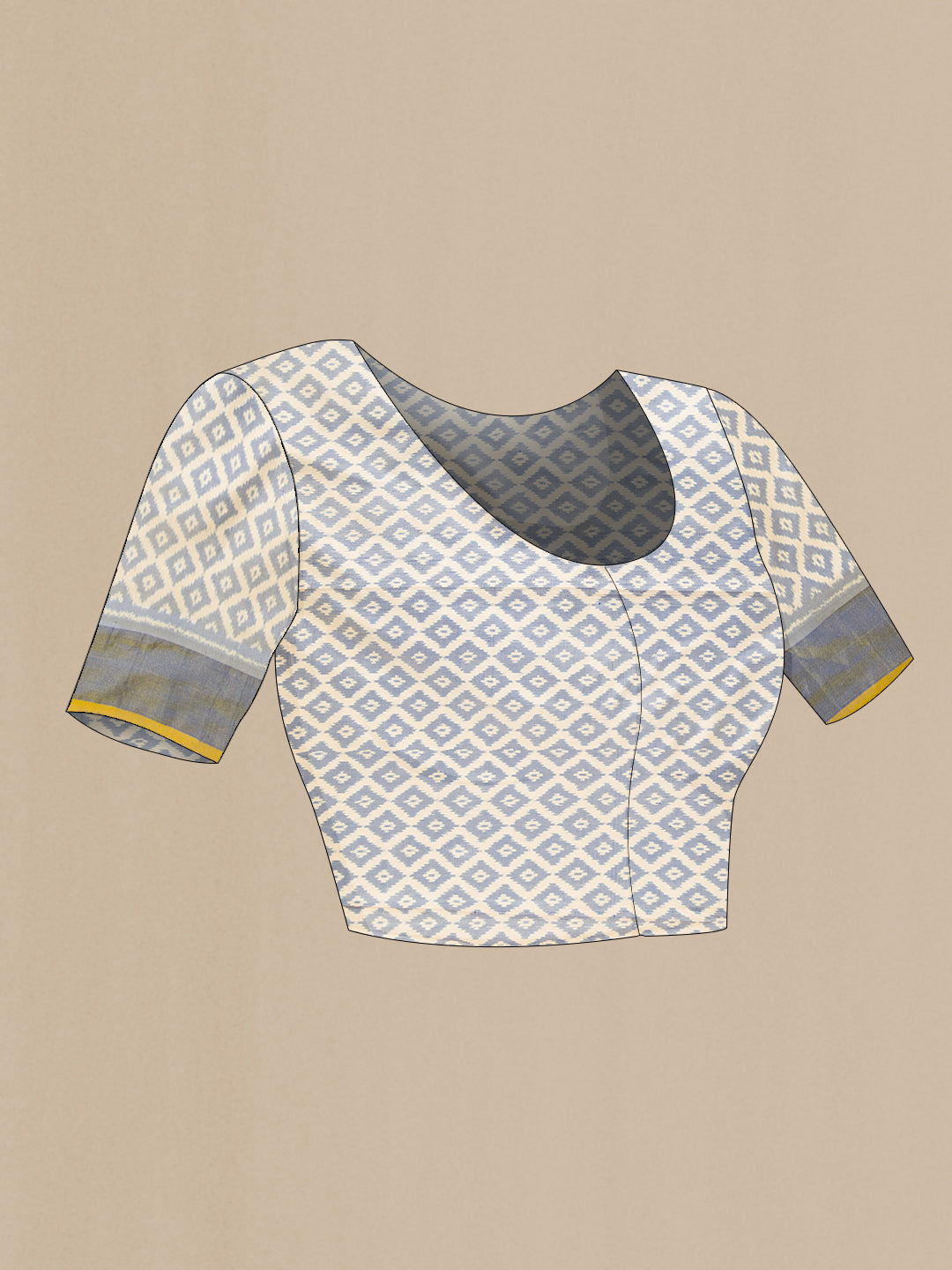 Close up image of the blouse of Grey Dual Tone Double Ikat Saree with Ikat Print on the body and Zari Border. 