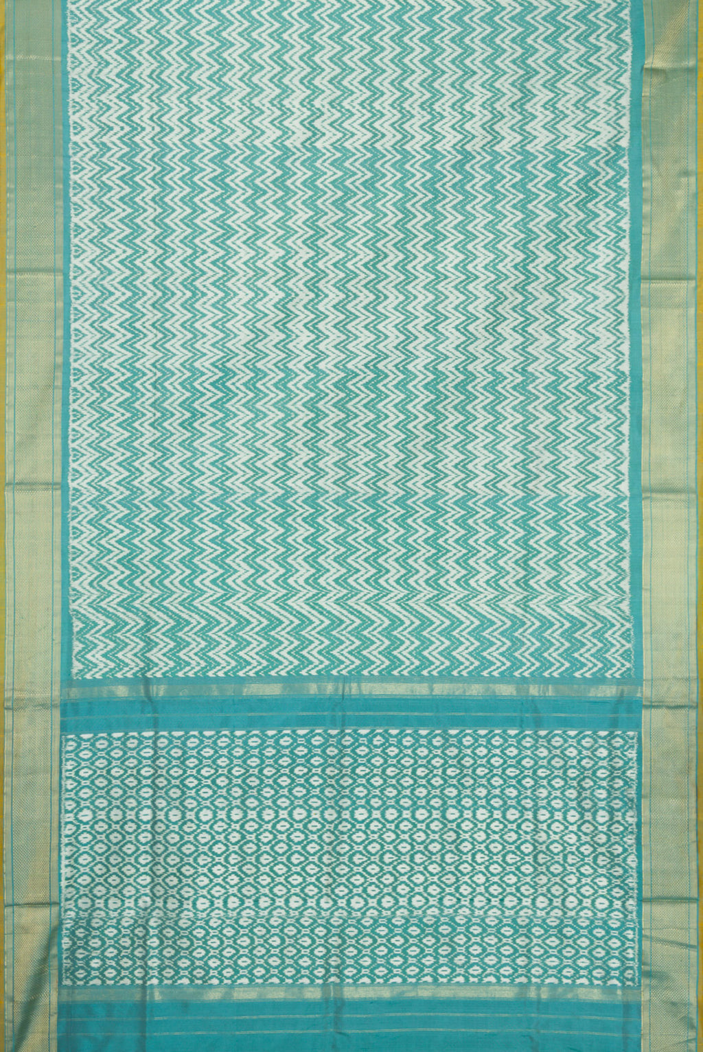 Flat view of Blue Dual Tone Double Ikat Saree with Ikat Print on the body and Zari Border. 