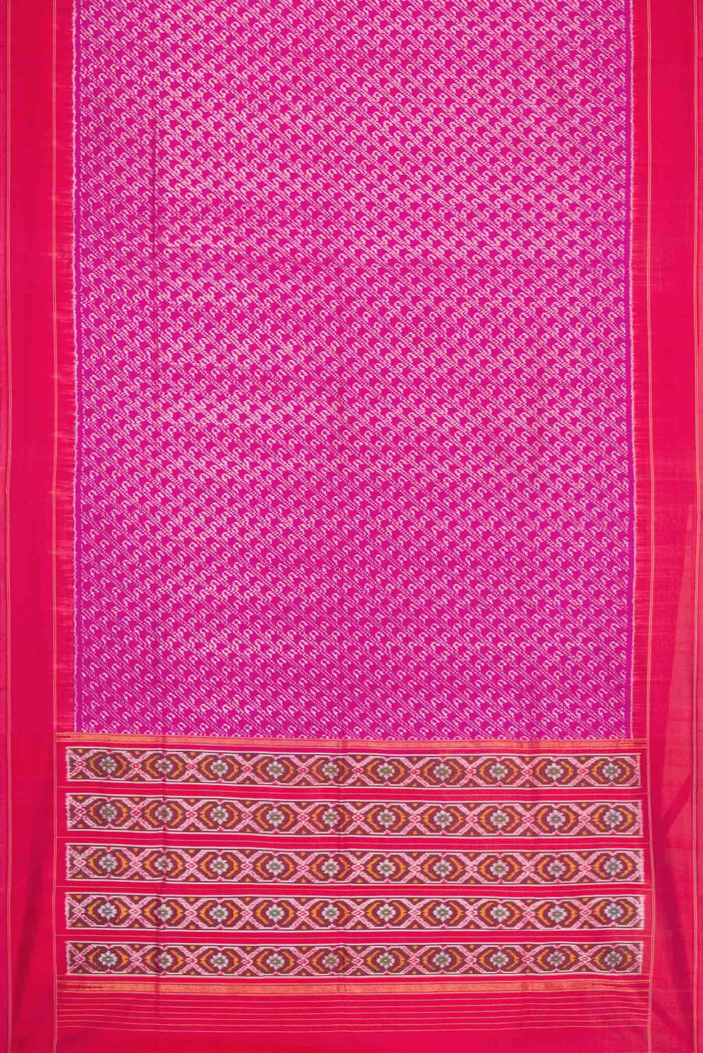 Flat view of Pink Dual Tone Rajkot Patola Silk Saree with Ikat Print on the body and Plain Border