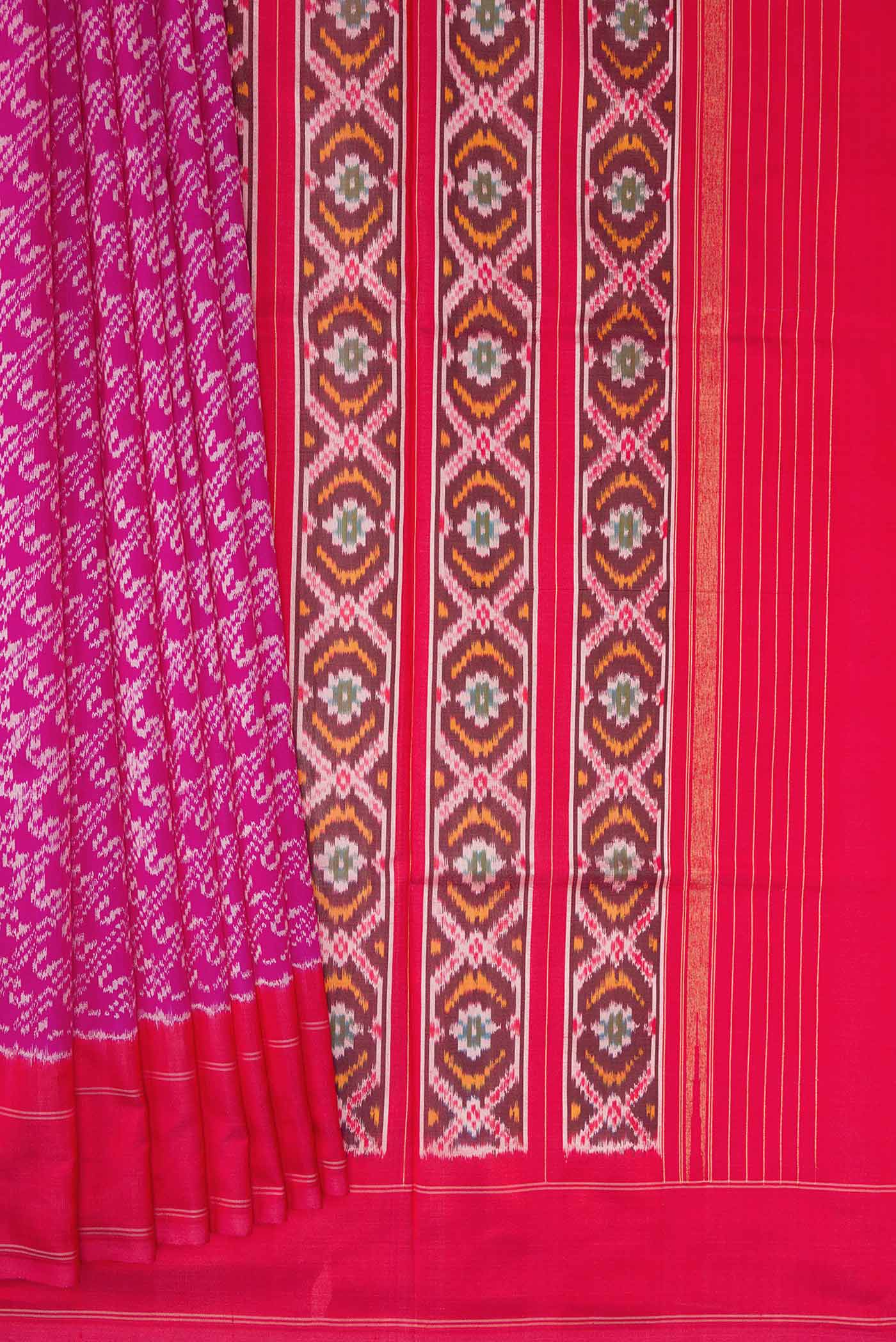 Pleats and pallu of Pink Dual Tone Rajkot Patola Silk Saree with Ikat Print on the body and Plain Border