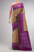 Dark Beige Dual Tone Double Ikat Saree with Ikat Print on the body and Ikat Border.  displayed on a mannequin