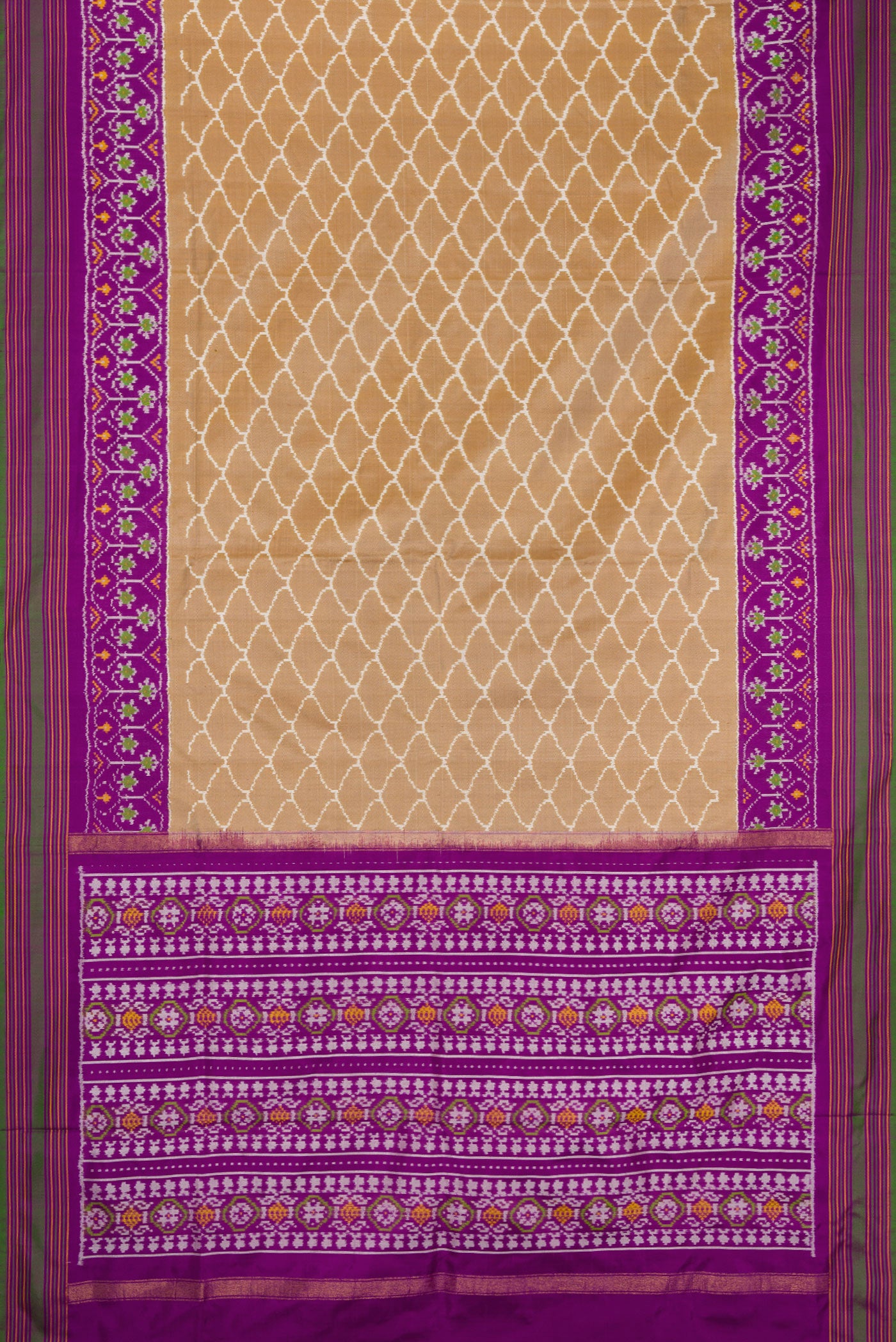 Flat view of Dark Beige Dual Tone Double Ikat Saree with Ikat Print on the body and Ikat Border. 