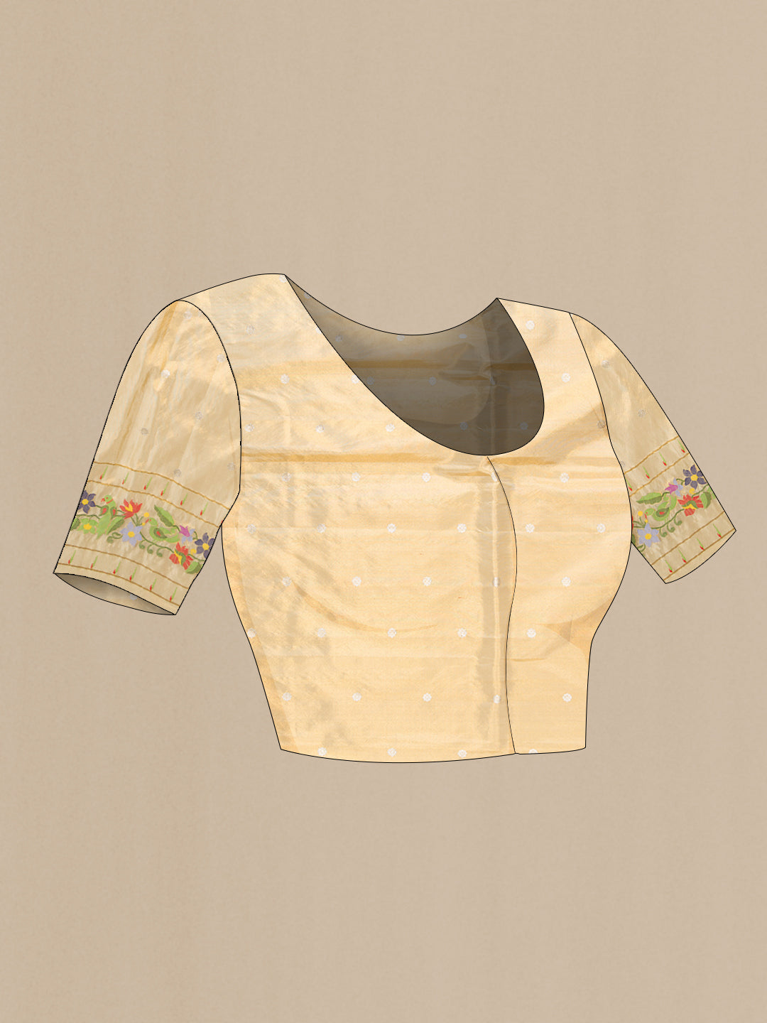 Close up image of the blouse of Sandal Dual Tone Double Ikat Saree with Zari Butta on the body and Paithani Border. 