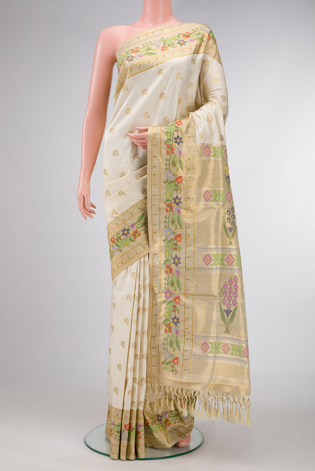 Sandal Dual Tone Double Ikat Saree with Zari Butta on the body and Paithani Border.  displayed on a mannequin