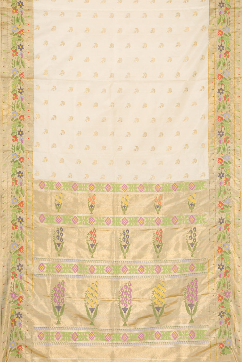 Flat view of Sandal Dual Tone Double Ikat Saree with Zari Butta on the body and Paithani Border. 