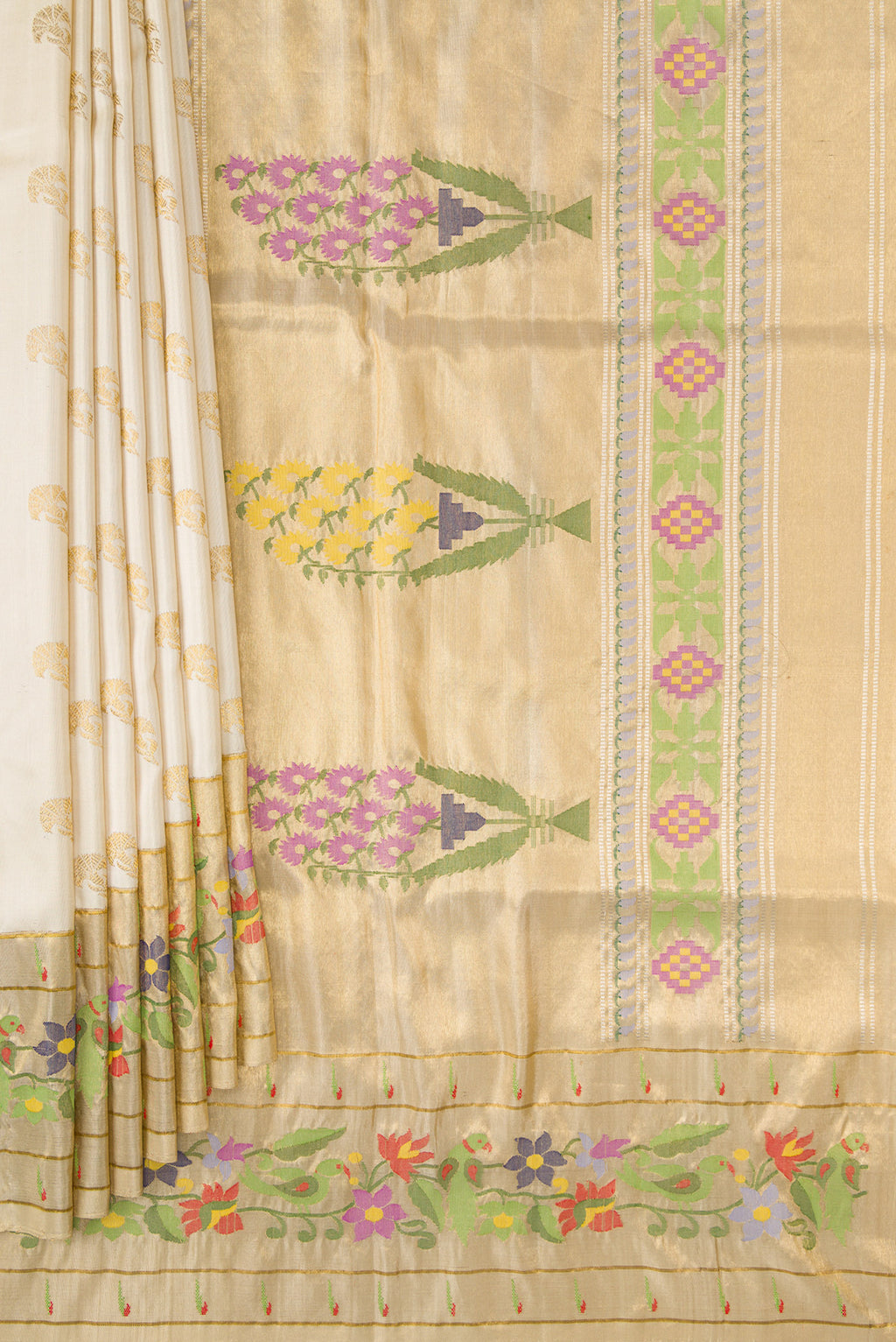 Pleats and pallu of Sandal Dual Tone Double Ikat Saree with Zari Butta on the body and Paithani Border. 