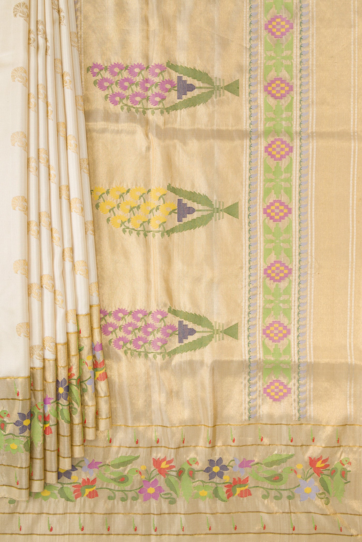 Pleats and pallu of Sandal Dual Tone Double Ikat Saree with Zari Butta on the body and Paithani Border. 