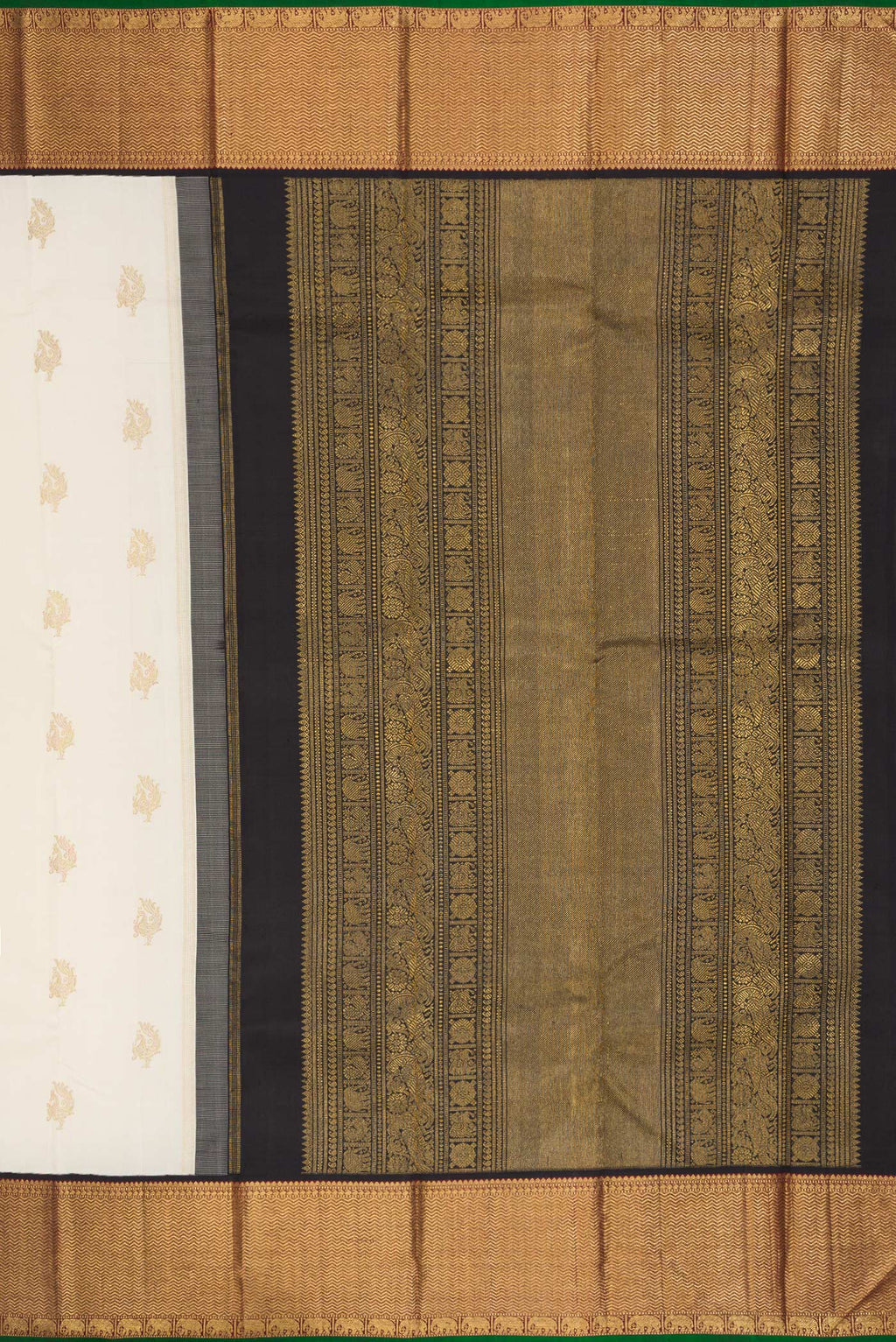 Close up image of the pallu of Pure Silk Pure Zari Off White Dual Tone Kanchipuram Saree with Zari Butta on the body and Zari Border. 