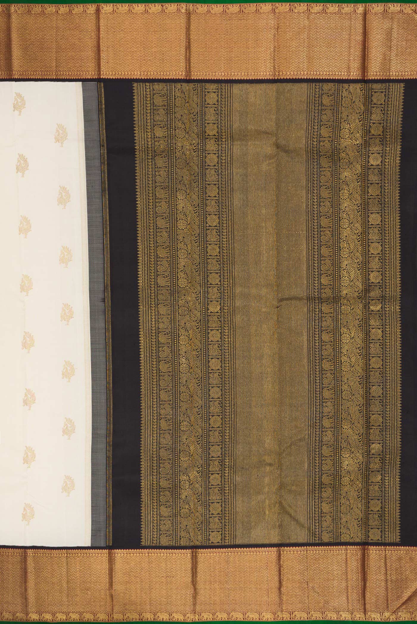 Close up image of the pallu of Pure Silk Pure Zari Off White Dual Tone Kanchipuram Saree with Zari Butta on the body and Zari Border. 