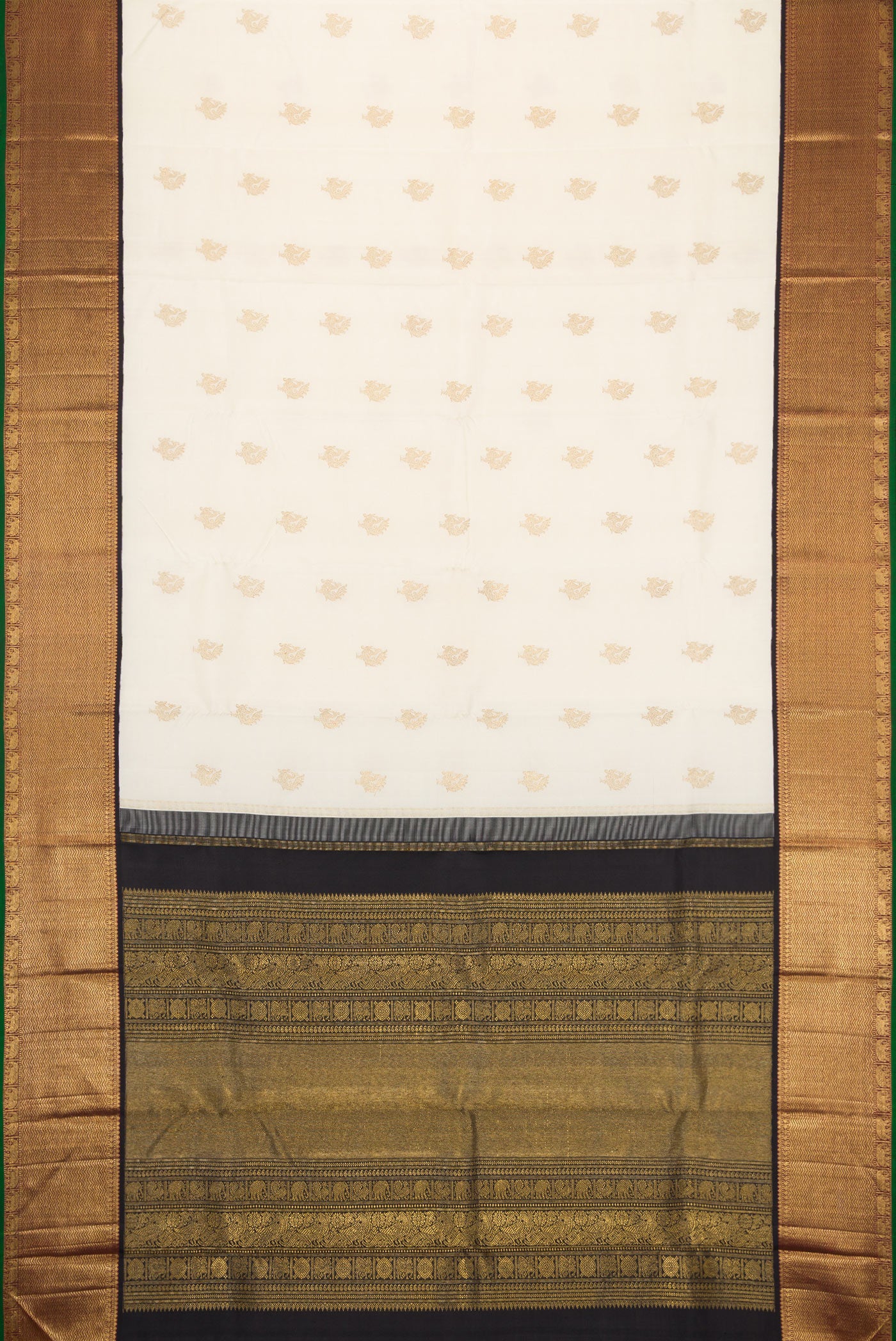 Flat view of Pure Silk Pure Zari Off White Dual Tone Kanchipuram Saree with Zari Butta on the body and Zari Border. 