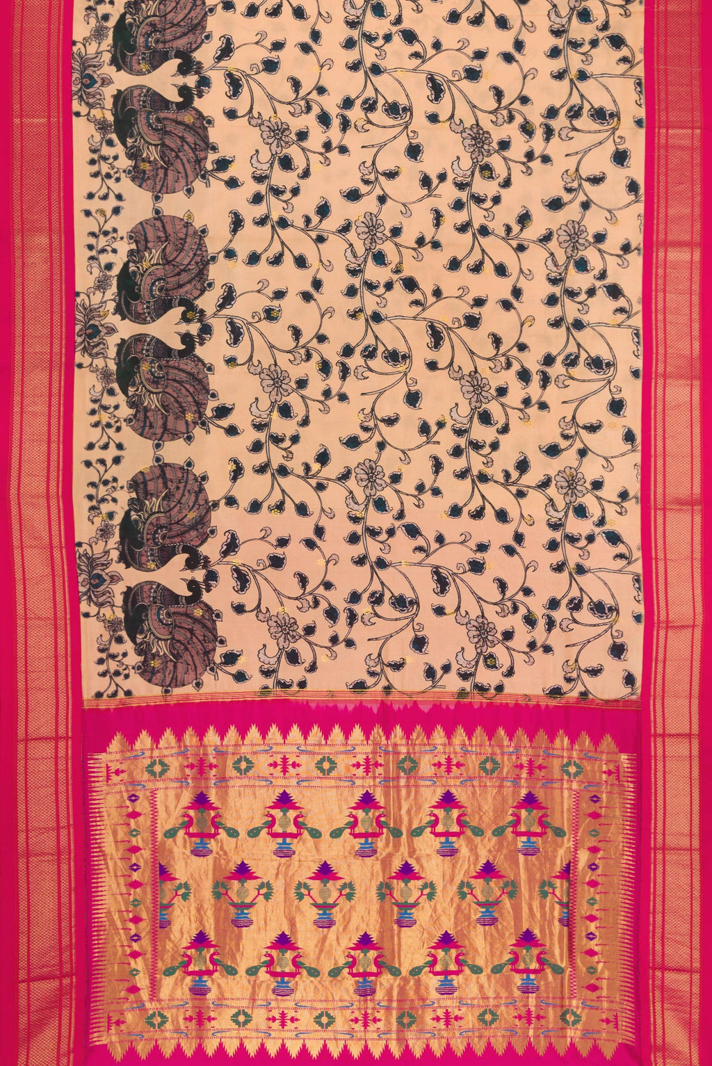 Flat view of Peach Dual Tone Paithani Silk Saree with Printed design on the body and Zari Border. 