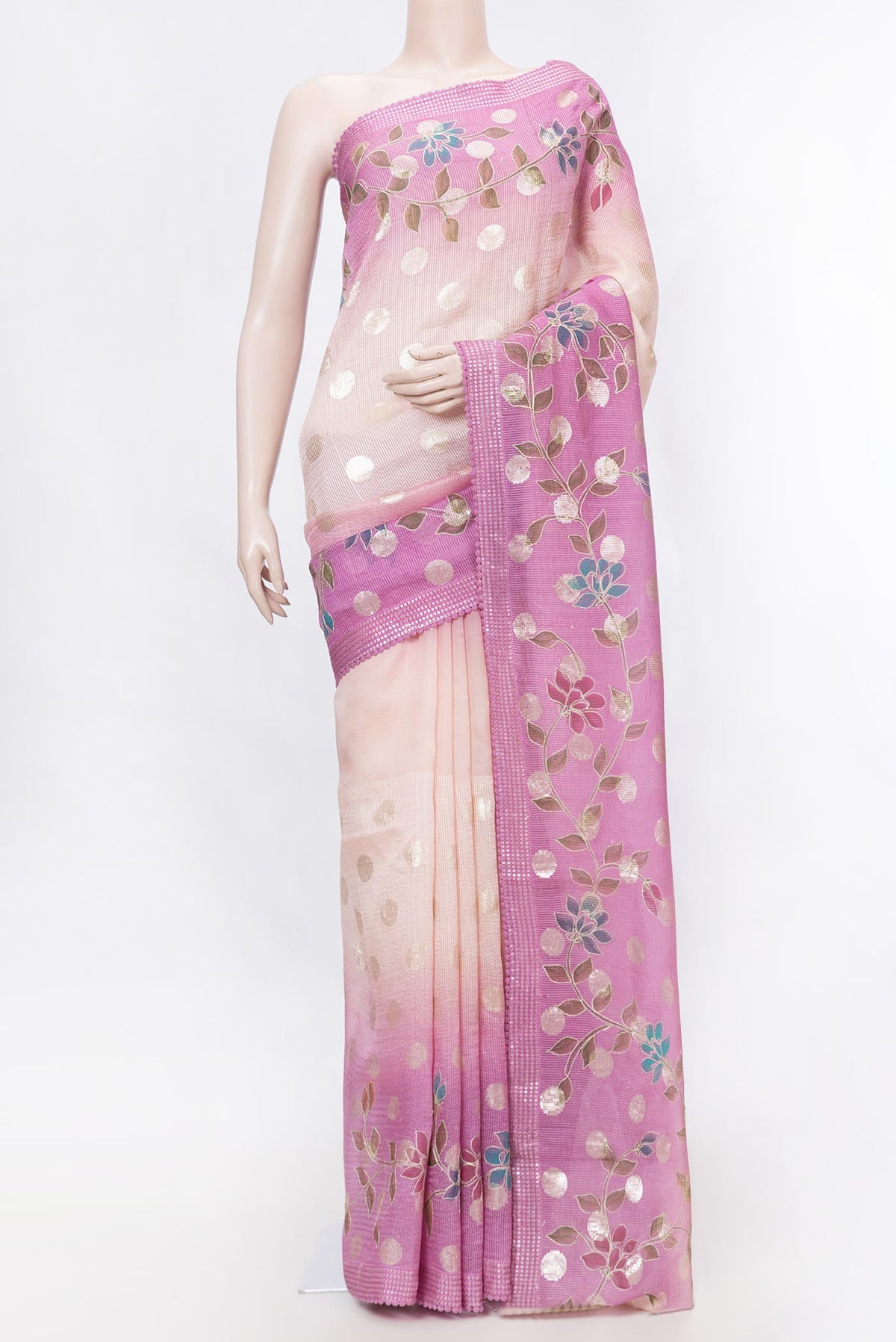 Pink Dual Tone Organza Silk Saree with Embroidery on the body and Embroidery Border displayed on a mannequin
